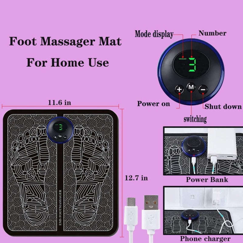 EMS Electric Foot Massager Mat – 6 Massage Modes, 9 Intensity Levels & USB Rechargeable