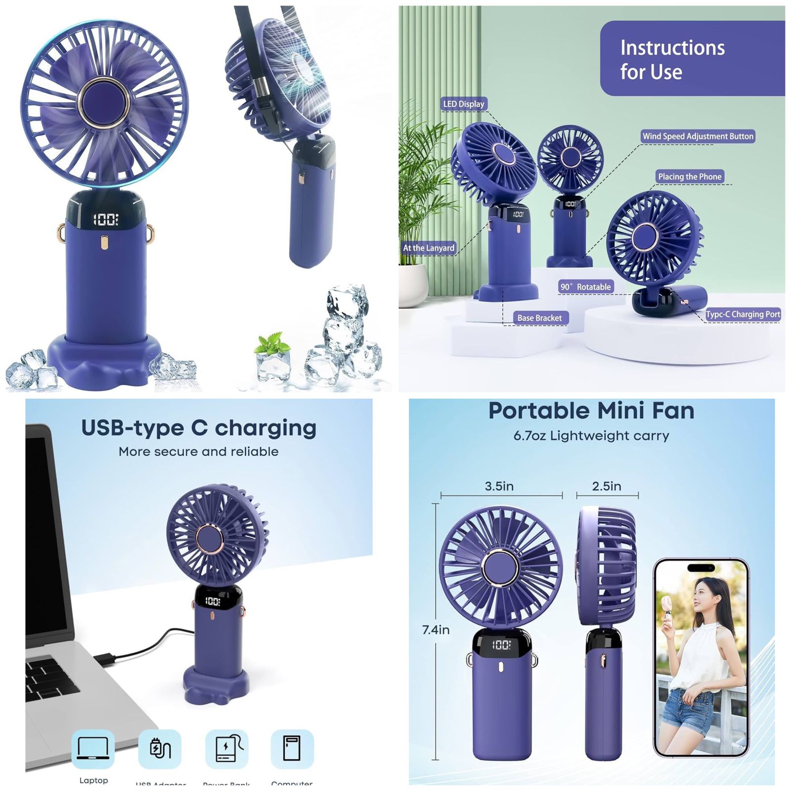 Digital Display Mini Fan – 5-in-1 USB-C Rechargeable Portable Fan
